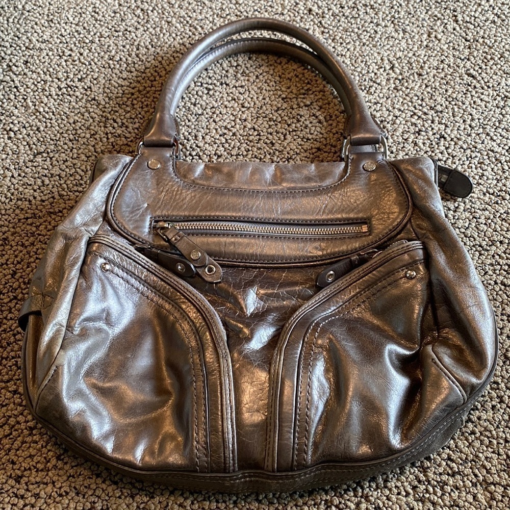 Cole Haan Silvery Gray Leather Shoulder Bag w/ Lots of Pockets in EUC